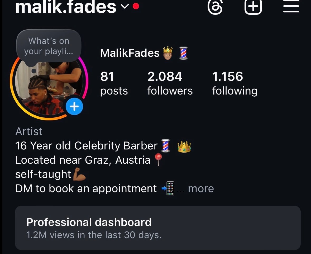 Instagram profile at 2,084 followers — Before the system