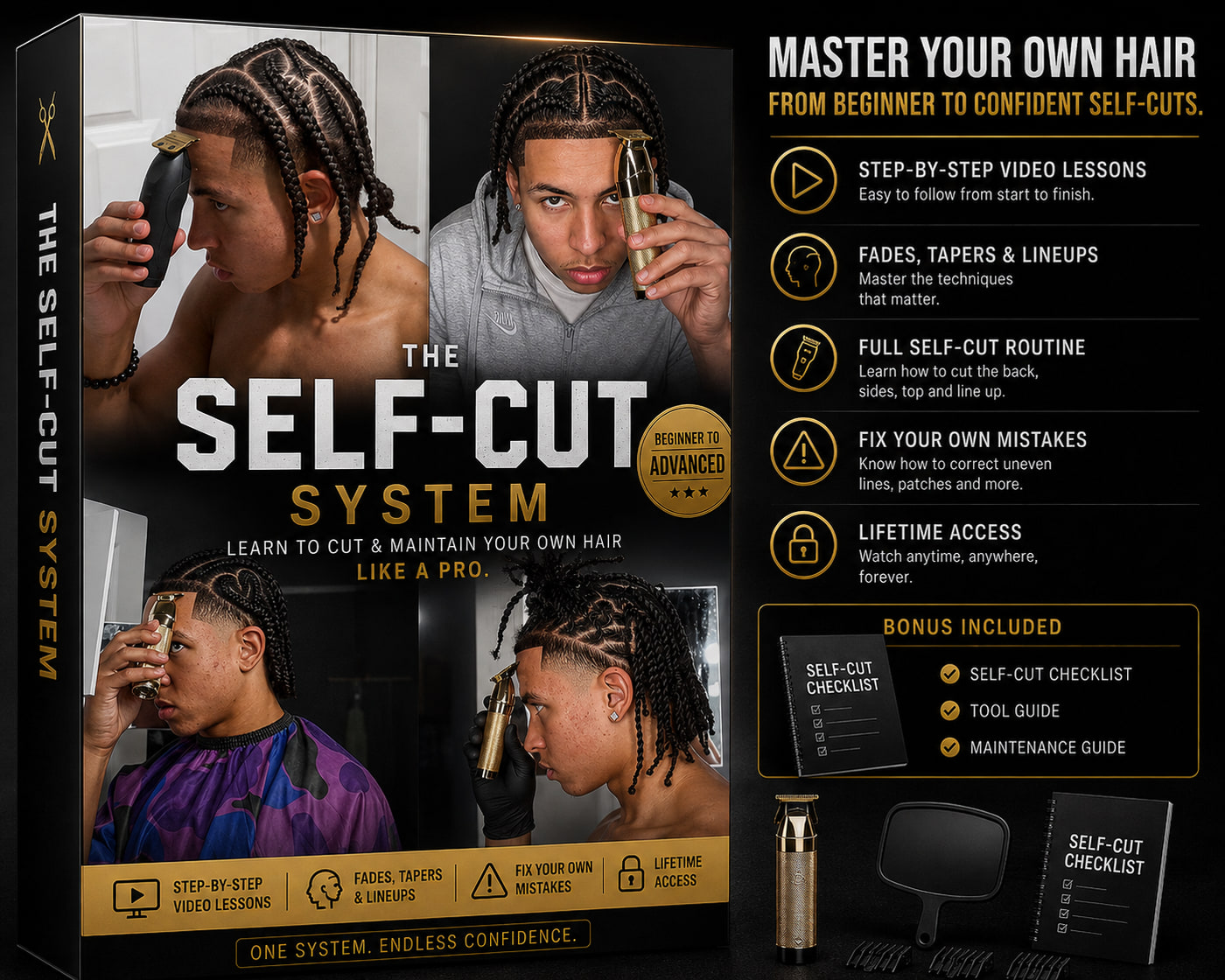 The Self-Cut System — step-by-step video lessons, fades, tapers and lineups, the full self-cut routine, and lifetime access.